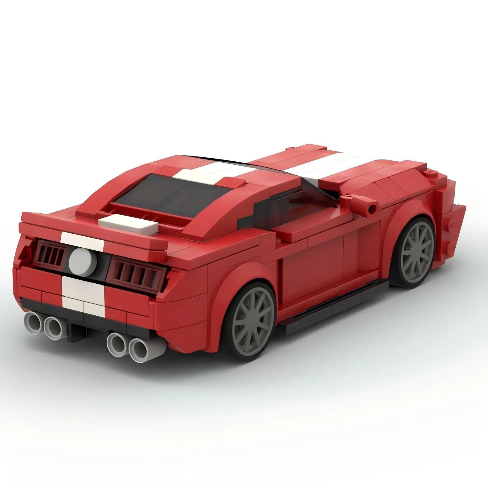 Red plastic building block model of a Ford wild horse Shelby GT500 V2 sports car on a surface