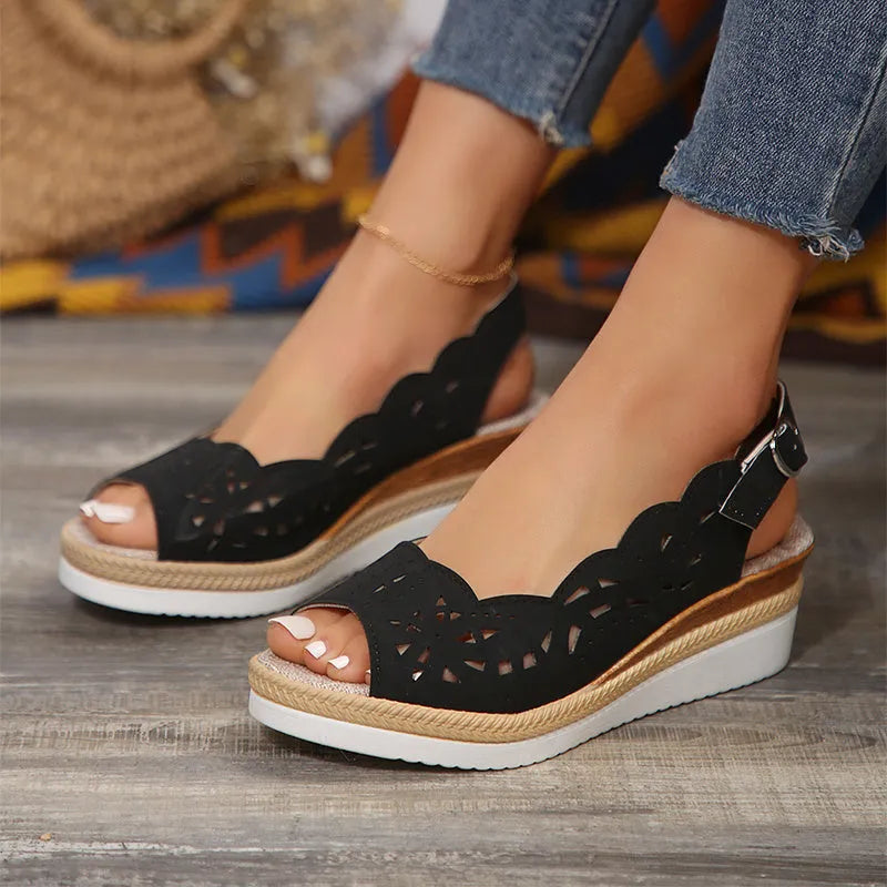 Fish mouth wedge sandals with thick PU sole and hollow buckle upper, in black, red or light brown, sizes 36-43