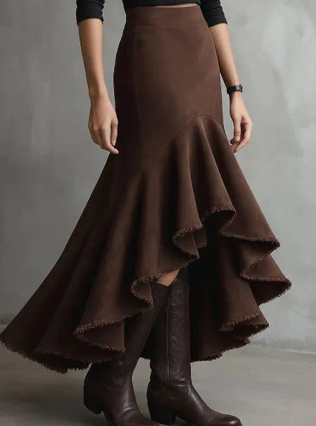 Brown high-low maxi skirt with asymmetric hem and ruffles in eco suede texture