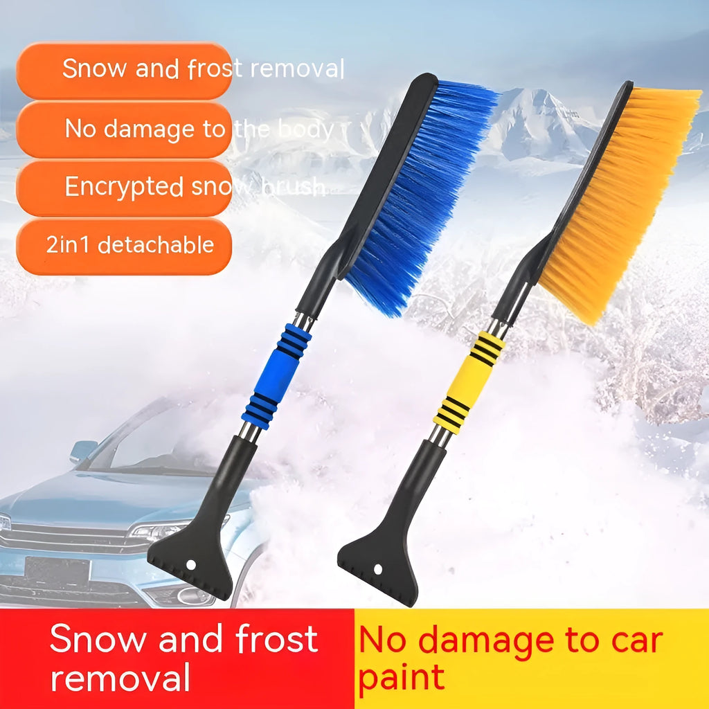 Yellow telescopic car snow brush and ice scraper with long handle for clearing vehicle roofs and windscreens