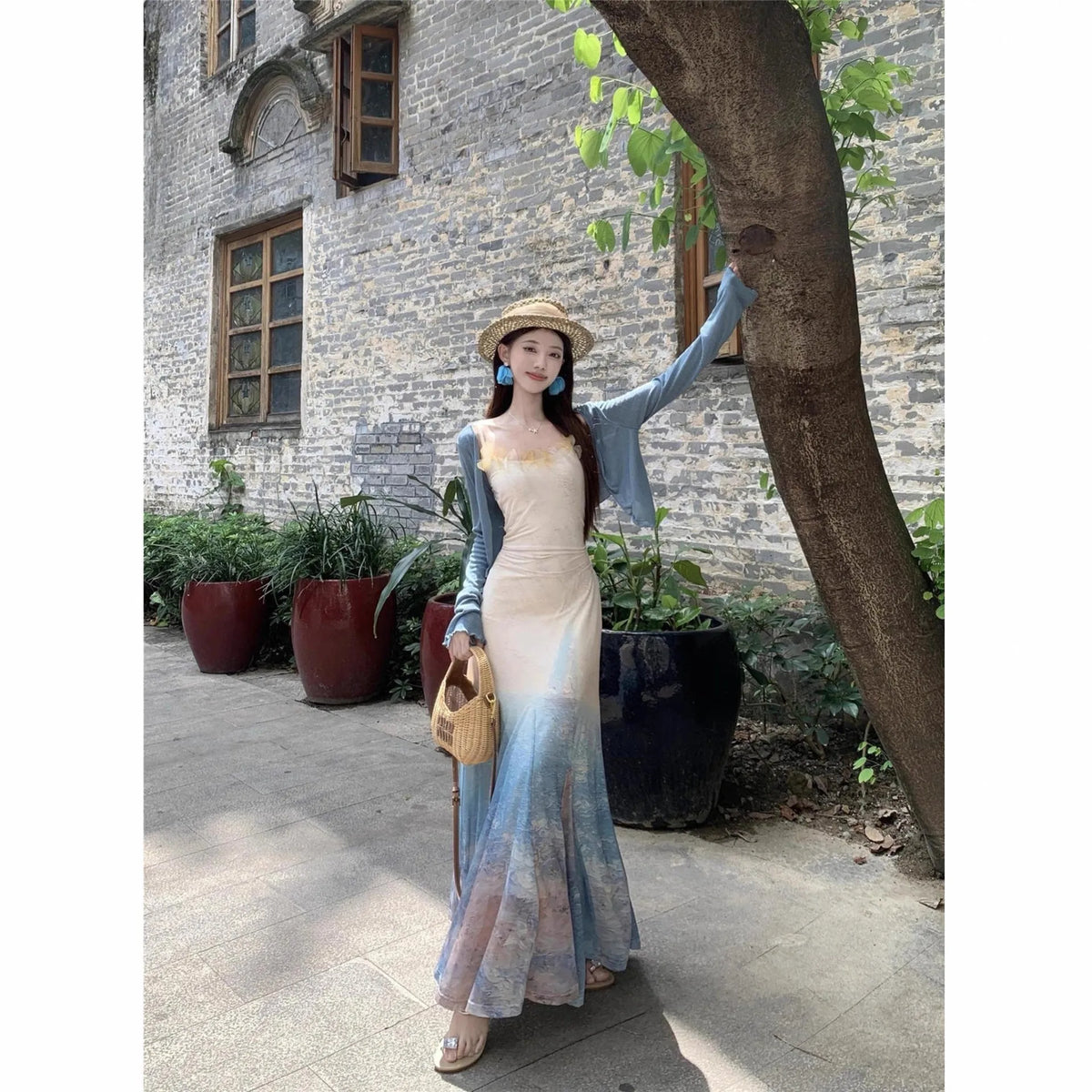 High waist fishtail midi dress in suspender dress colour with sleeveless cut and princess sleeves, sizes S M L