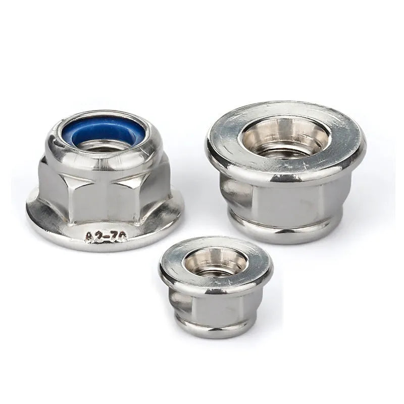304 stainless steel flange nylon locking nut with hexagonal flats and integrated flange base, shown in metric sizes M3 to M16