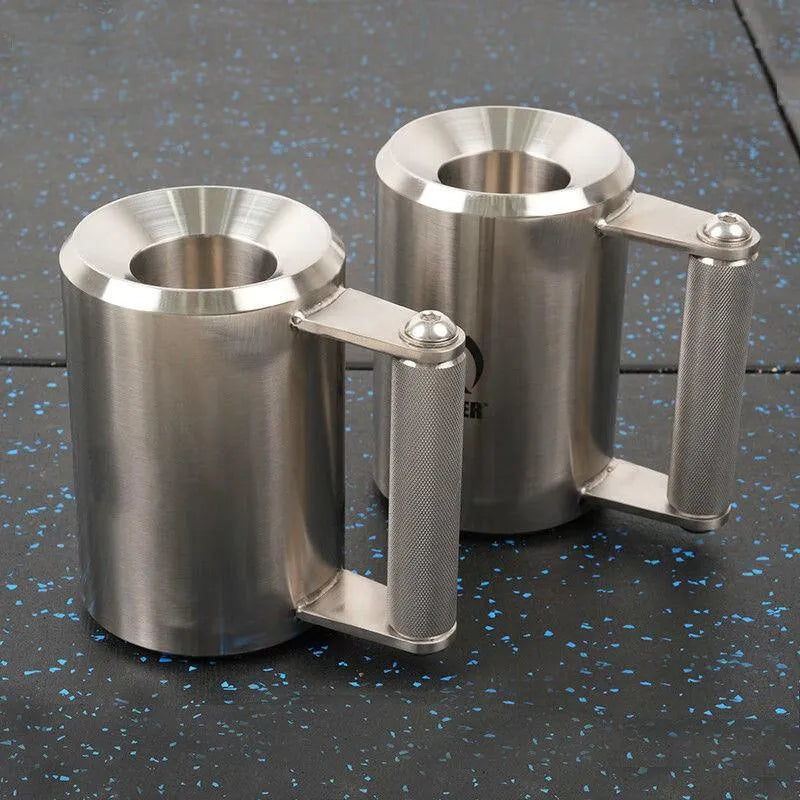 Silver coloured cast iron dumbbell cup for barbell, 8kg weight capacity.