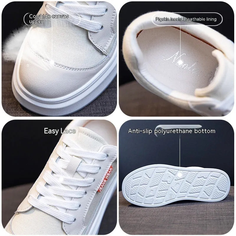 Women's pink and beige leather board shoes with thick soles for height increase