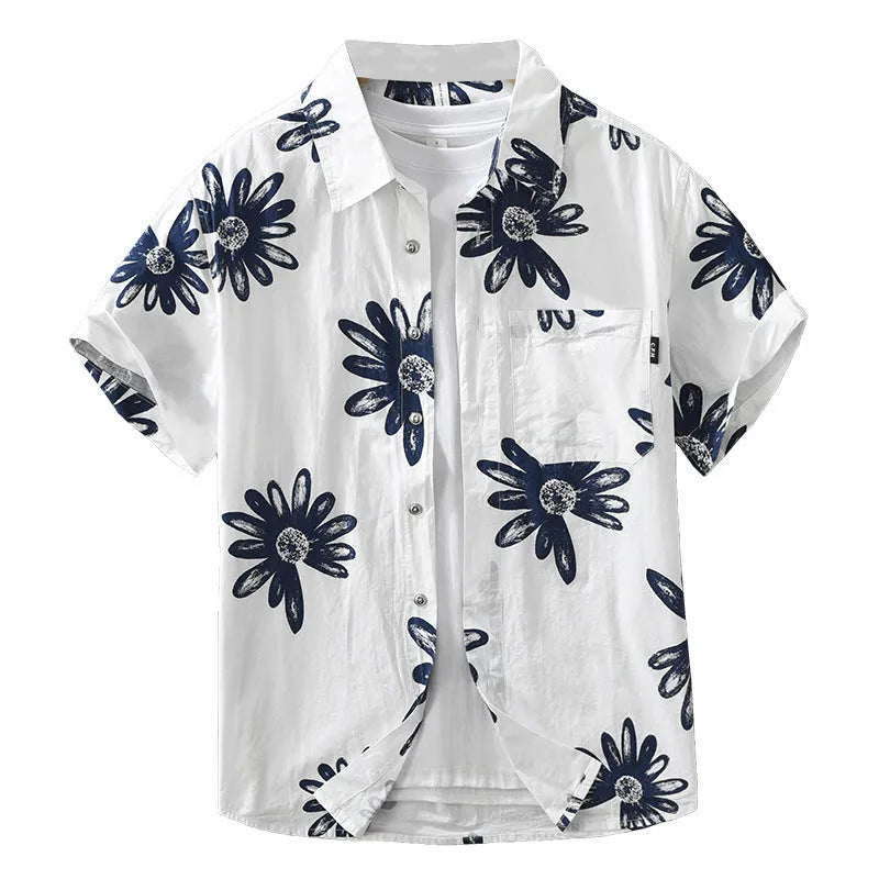 Japanese printed short sleeve shirt in cotton blend fabric showing loose cardigan style