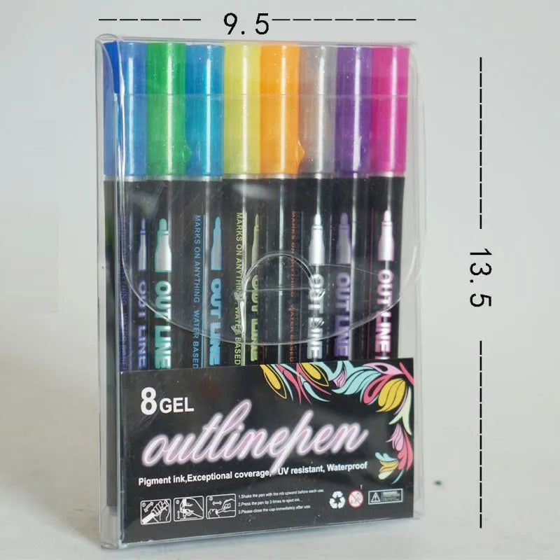 Set of 12 double line outline pens with metal bodies in assorted colours