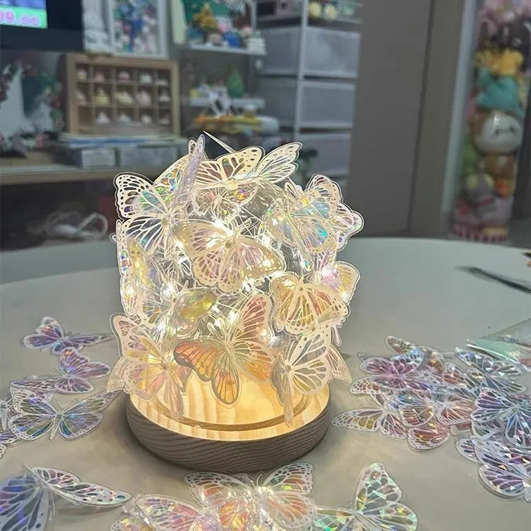 DIY butterfly night lamp kit with glass shade and raw wood base, 12x15cm size