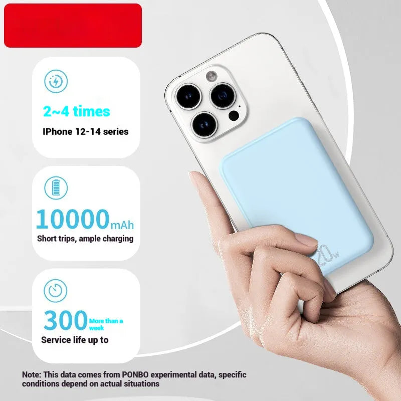 Portable 10000mAh magnetic wireless charging power bank in blue, purple, and white colours
