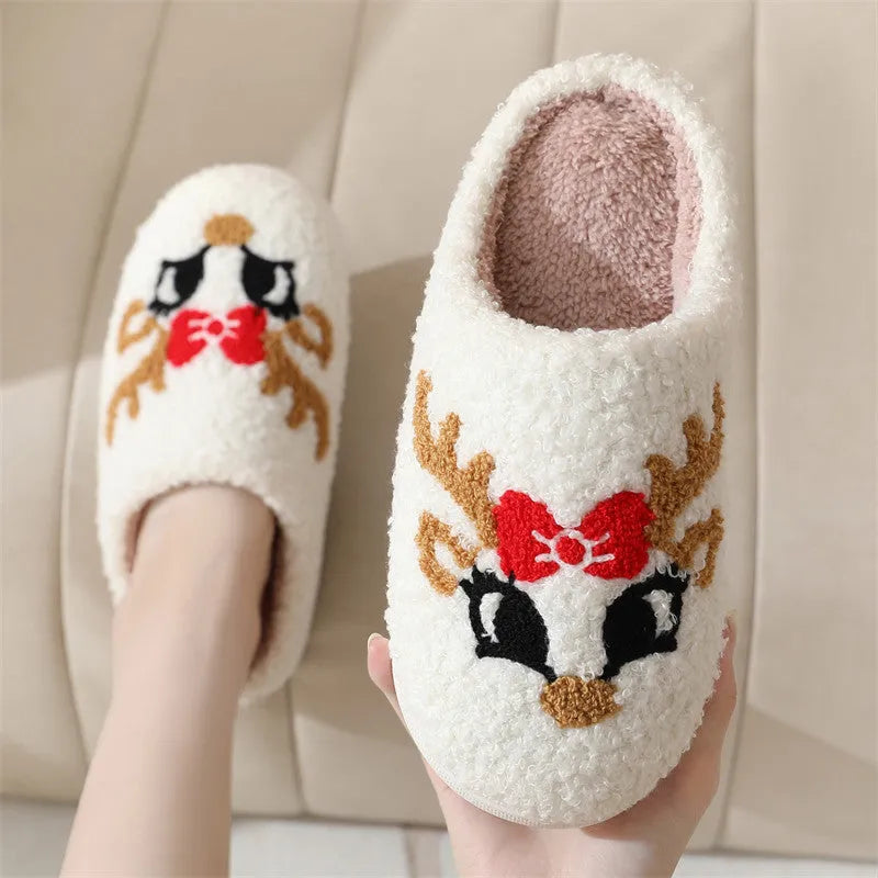 Christmas deer slippers with plush upper, TPR non-slip sole, 3.5cm heel, round toe, fox pattern, sizes 36-45