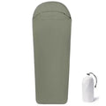 Blue mummy-style nylon camping sleeping bag shown rolled, highlighting its tapered 210cm length and compact design.