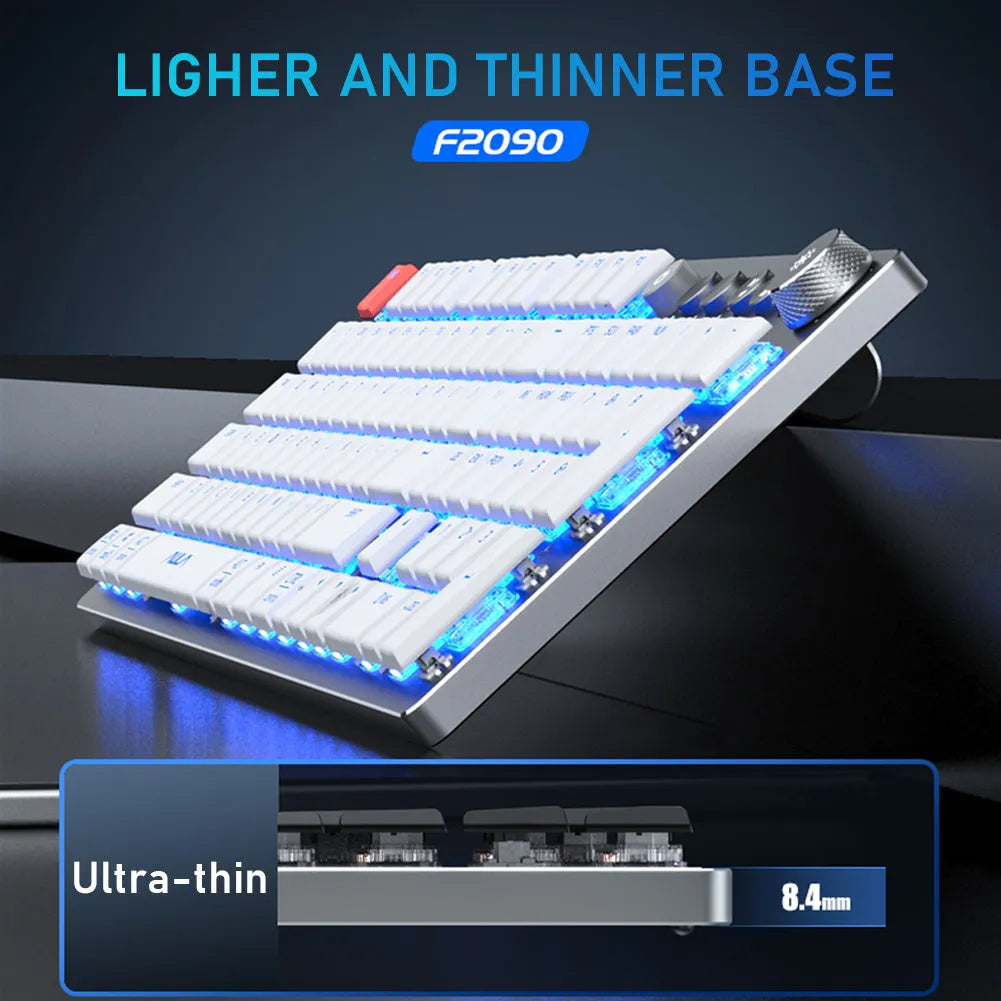 Wireless mechanical keyboard with 104 keys, black shaft, blue backlight, slim profile on desk