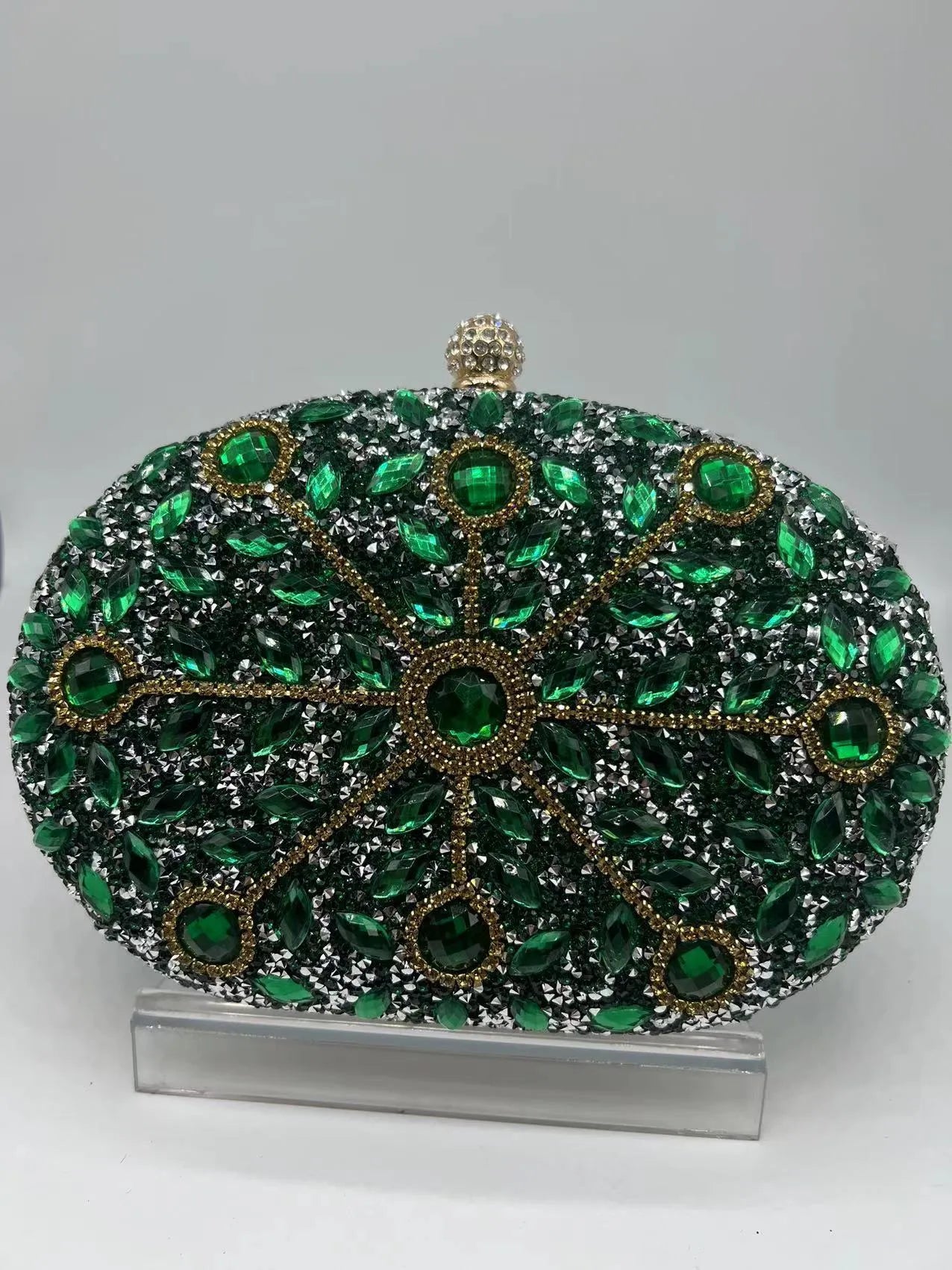 Gold hardware and rhinestone banquet handbag with structured retro design measuring 20cm wide