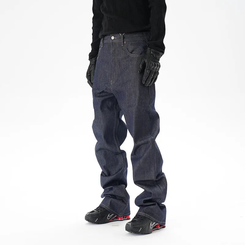 Dark blue loose straight-leg casual jeans on a neutral background.
