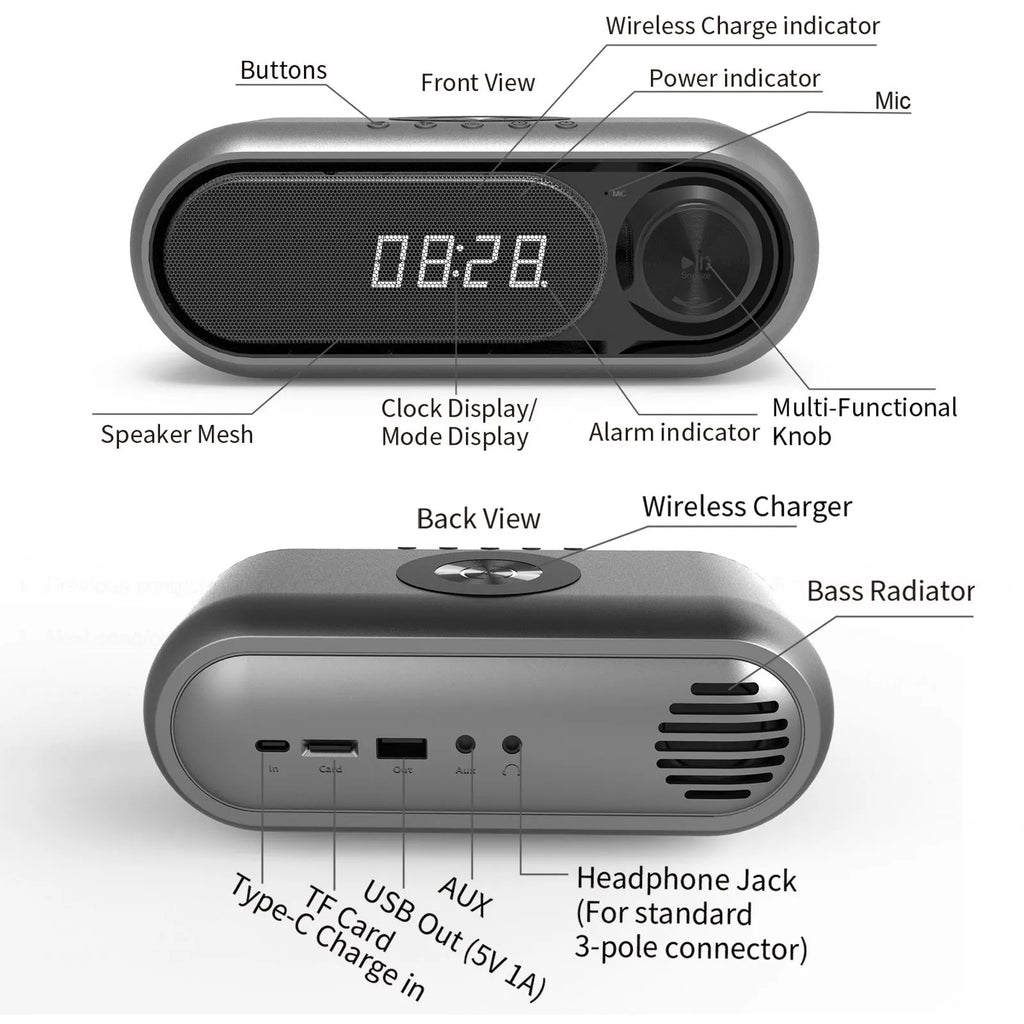 Space grey bedside wireless charging alarm clock with digital display and Bluetooth speaker