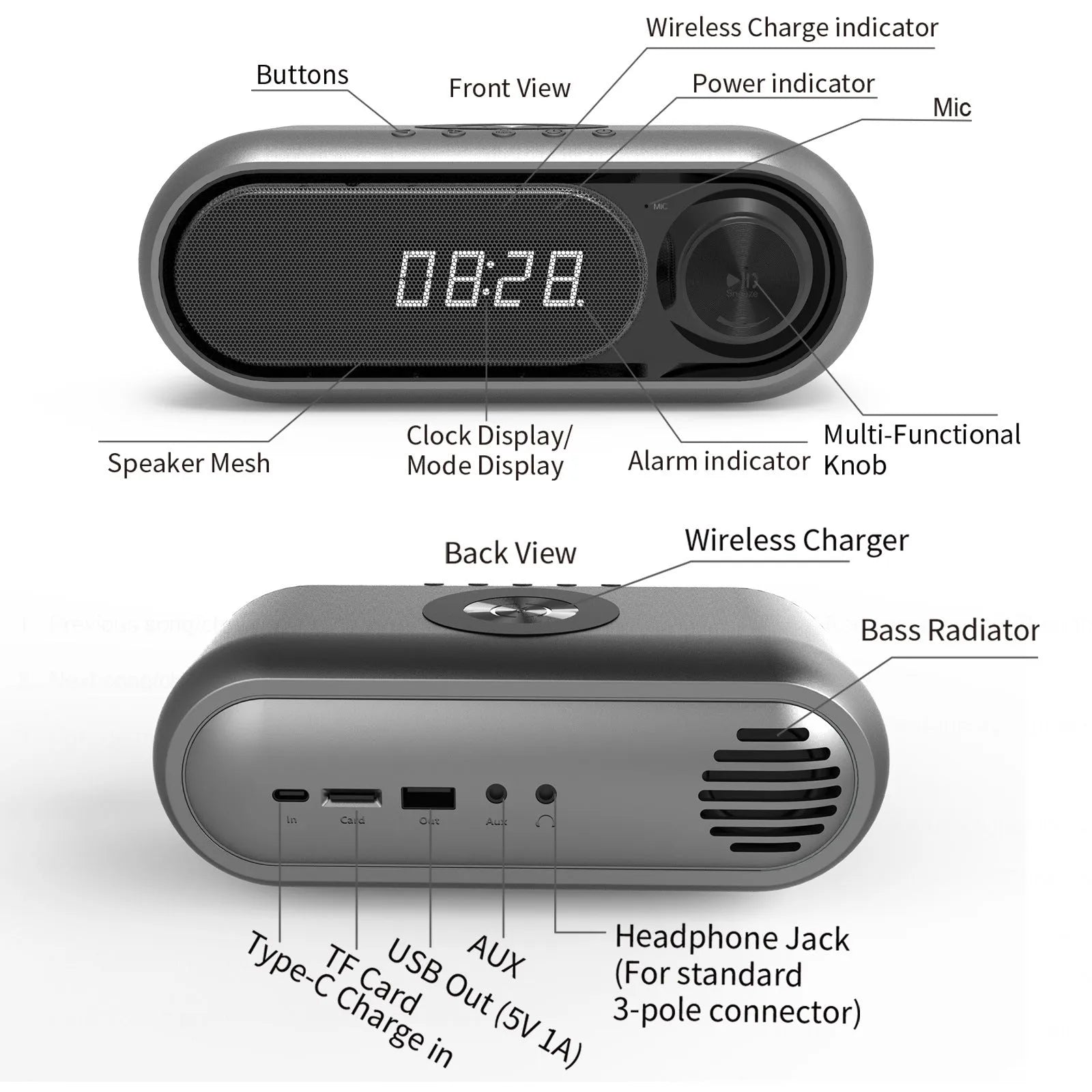 Space grey bedside wireless charging alarm clock with digital display and Bluetooth speaker