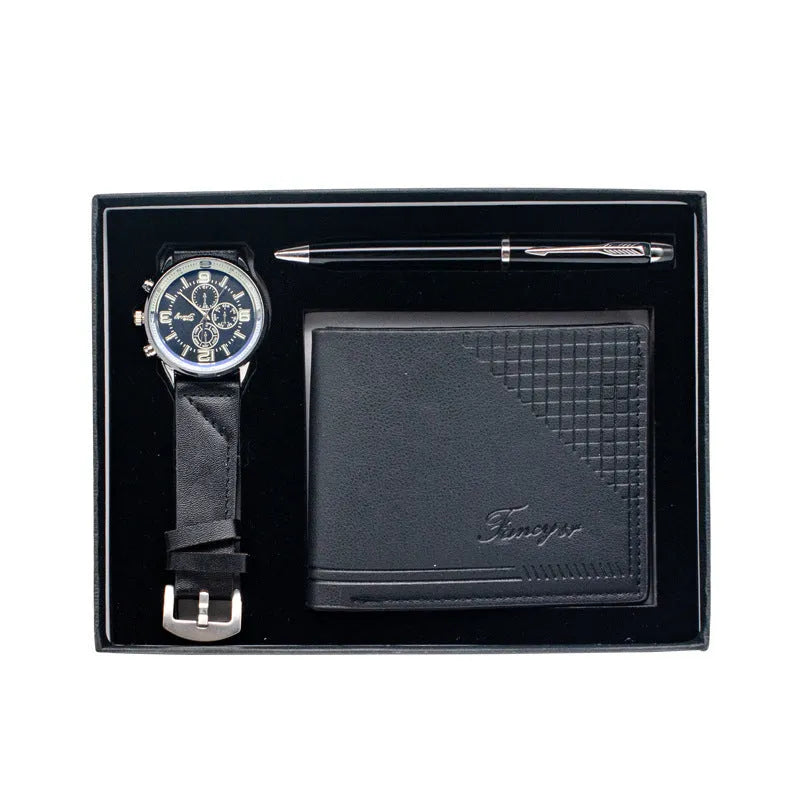 Creative holiday gift set showing a wallet, pen and watch in a modern simplicity gift box with OPP wrap.