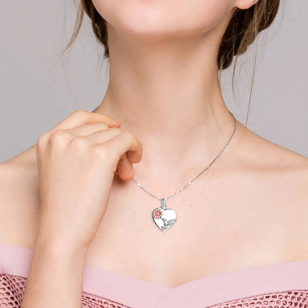 Silver 925 sterling silver hummingbird urn necklace with heart sunflower pendant, 18+2 inch chain, 0.9 x 0.69 inch.