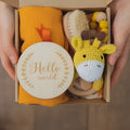 Baby teething toy gift set with gauze blanket, wooden milestone, bell, beech gum and tire brush