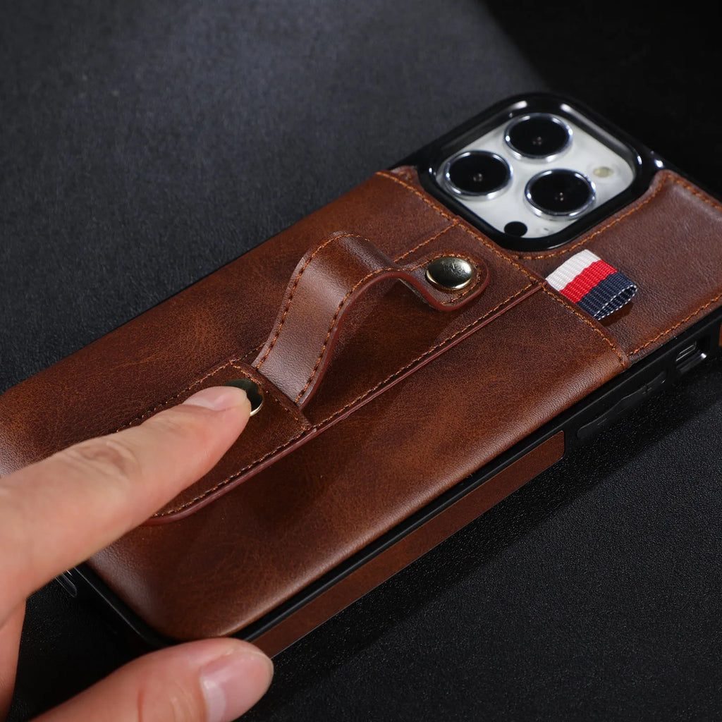 PU leather ring buckle card phone case for iPhone with bracket, showing card slot and ring grip on black back cover
