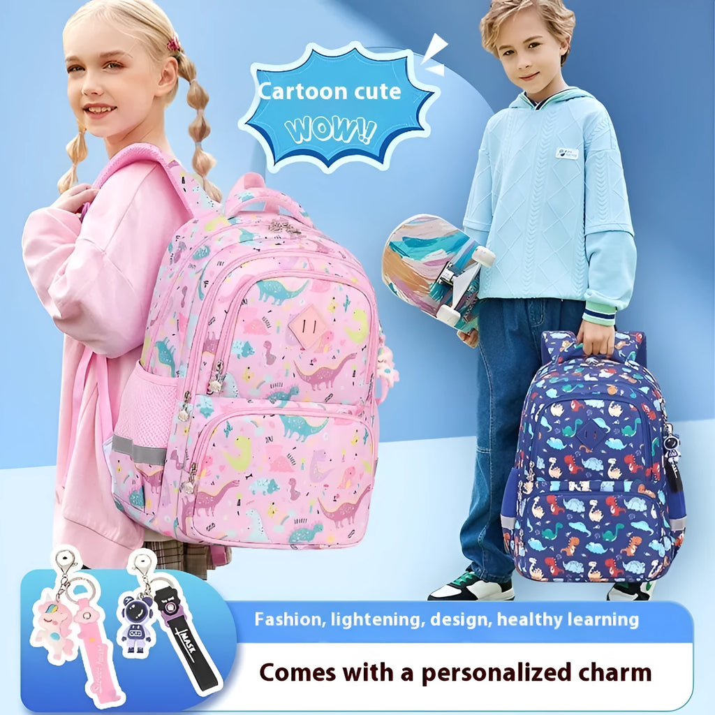 Blue children's school backpack made from Oxford cloth with curved straps, shown in a dinosaur pattern design.