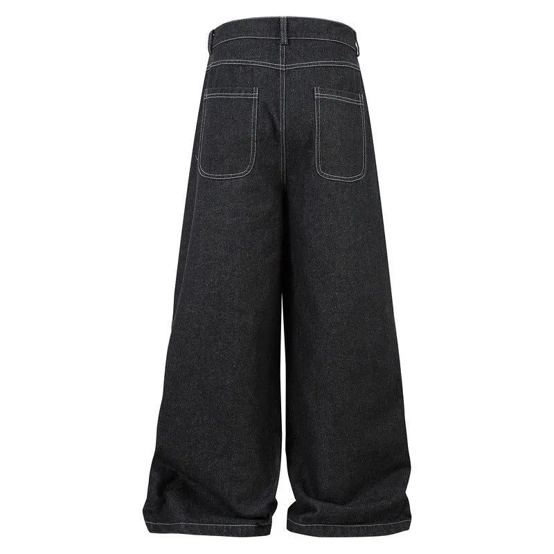 Black pleated workwear jeans with multiple pockets and mid waist design