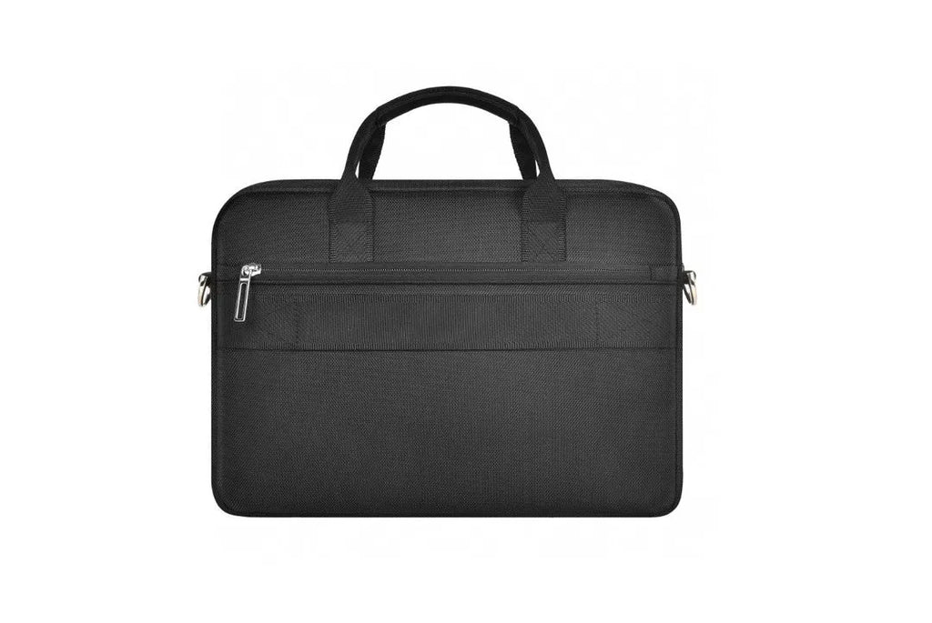 Black Oxford cloth laptop handbag showing multiple pockets and a lock, suitable for a 15.6-inch device.
