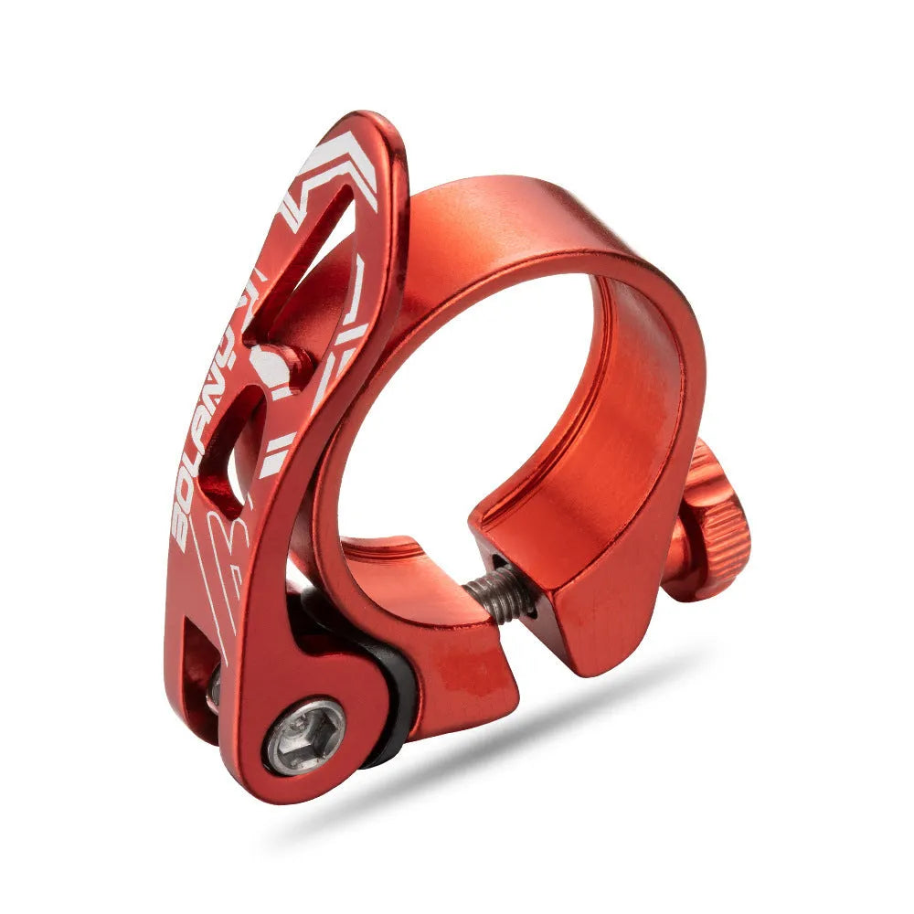 Aluminium mountain bicycle seat post clamp in black, blue, gold, or red colour options.
