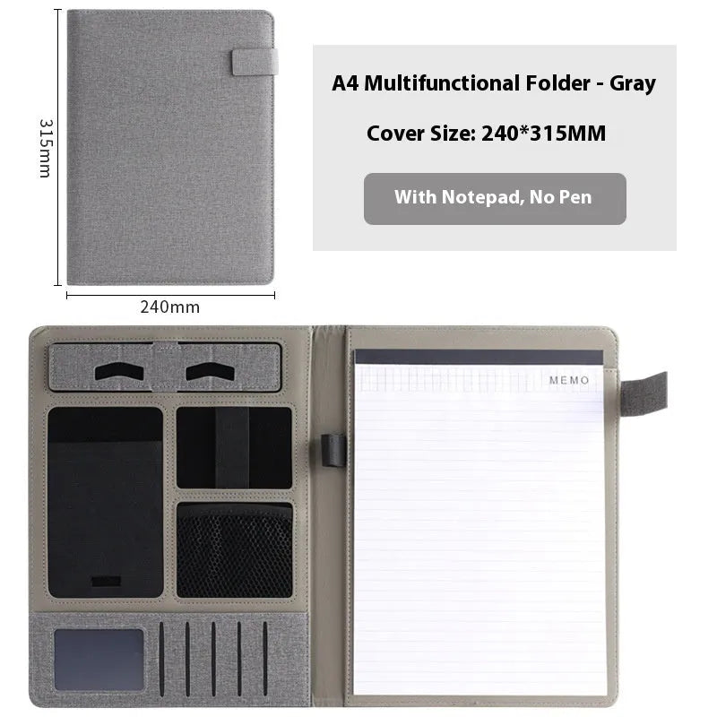 Black leather A4 document folder showing 35mm padded thickness, open to reveal interior pockets and an optional pen and notepad.