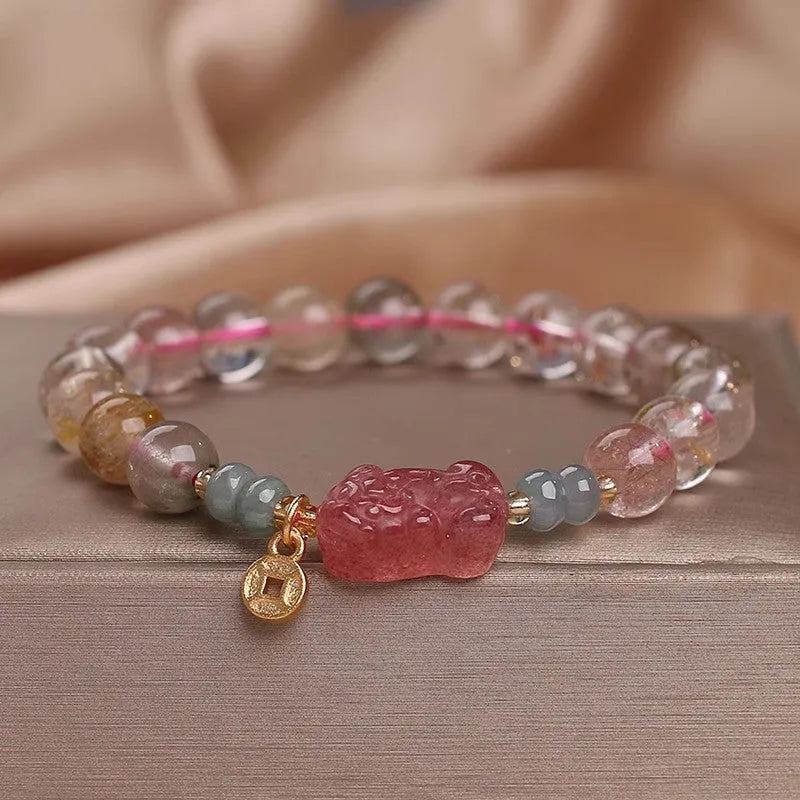 Coloured hair crystal bracelet with cat's paw and butterfly charms in Korean unisex style