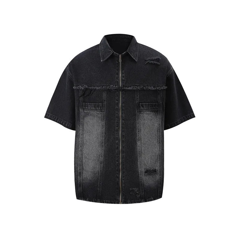 Denim overalls suit in loose street style with short sleeve top and full length trousers