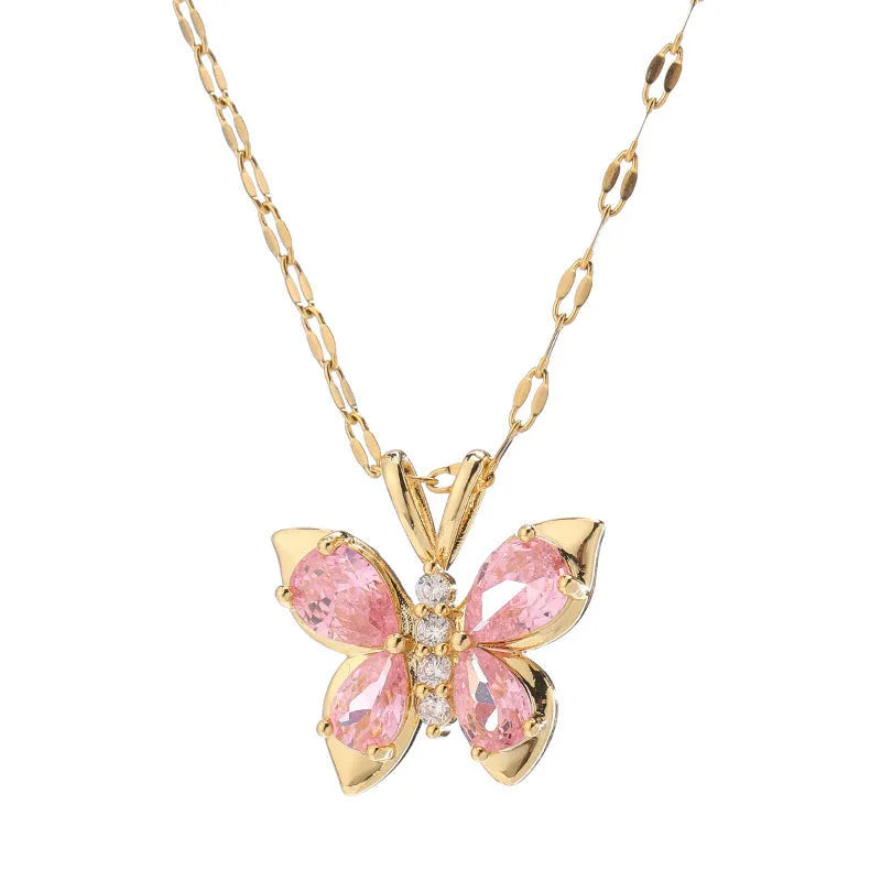 Titanium steel necklace with pink diamond butterfly pendant on O chain, anti-fade jewellery for women