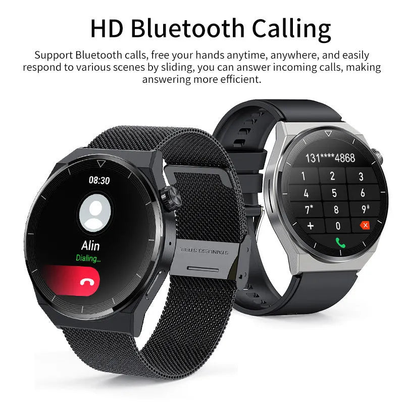 Black and silver smartwatch with silicone strap showing a heart rate monitoring display on its touchscreen.