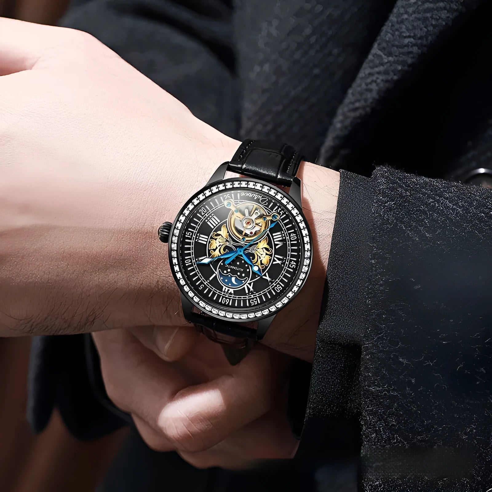 Men's stainless steel waterproof mechanical watch with a round dial and transparent case back.