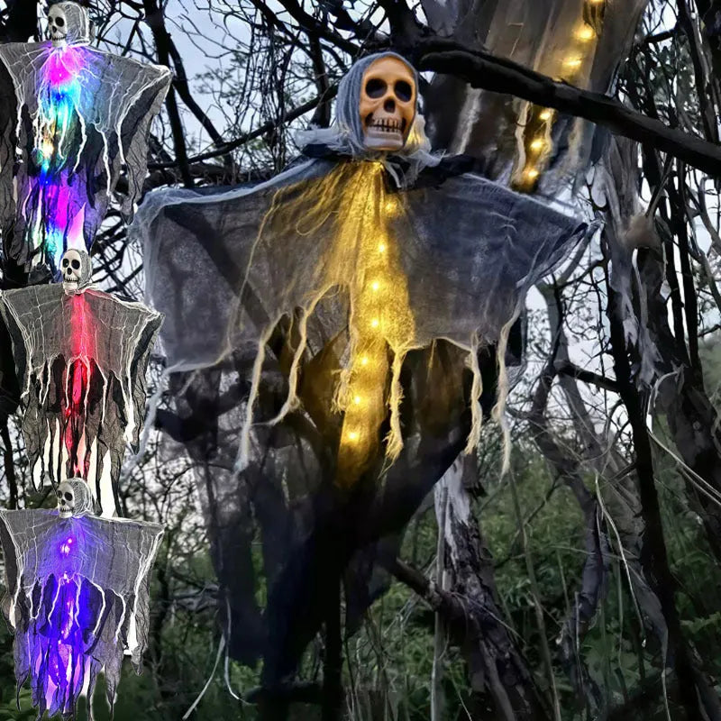 85cm hanging ghost Halloween decoration in warm colour with skull face, made from plastic, wrought iron, foam and cloth