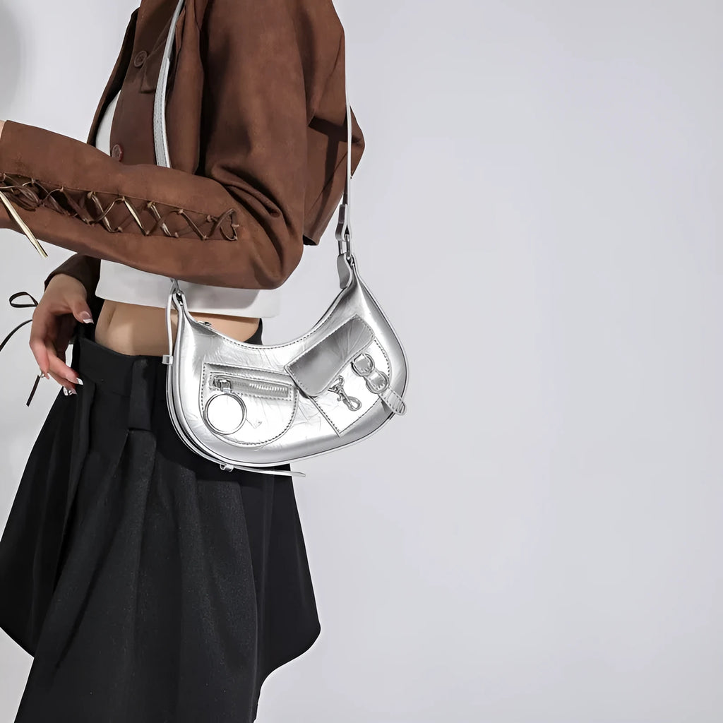 Women's textured PU crossbody bag in urban minimalist style, horizontal rectangular shape, silver colour option