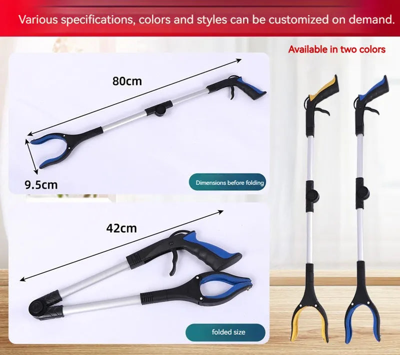 Foldable aluminium garbage clamp with magnetic chuck shown extended to 80cm and folded to 42cm