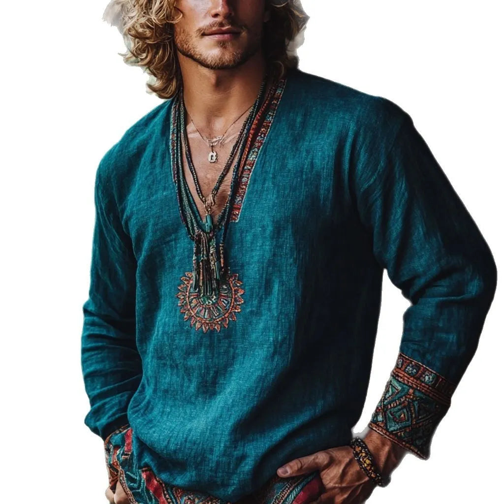 Boho style vintage printed long sleeve casual pullover top in polyester fabric.