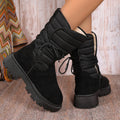 Women's black suede snow boots with chunky heel, lace-up design, and fleece lining on a white background.