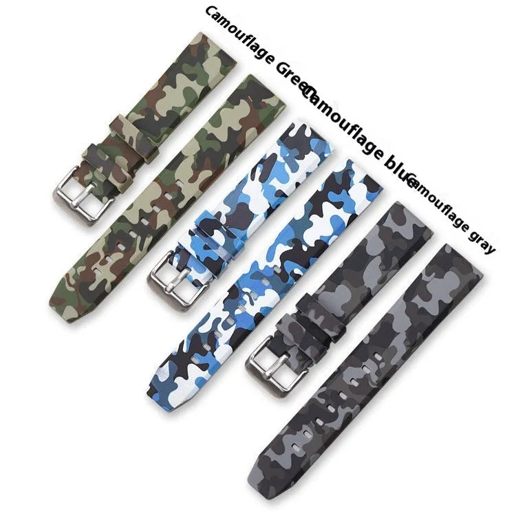 Blue camouflage silicone watch strap showing flat head design and texture.