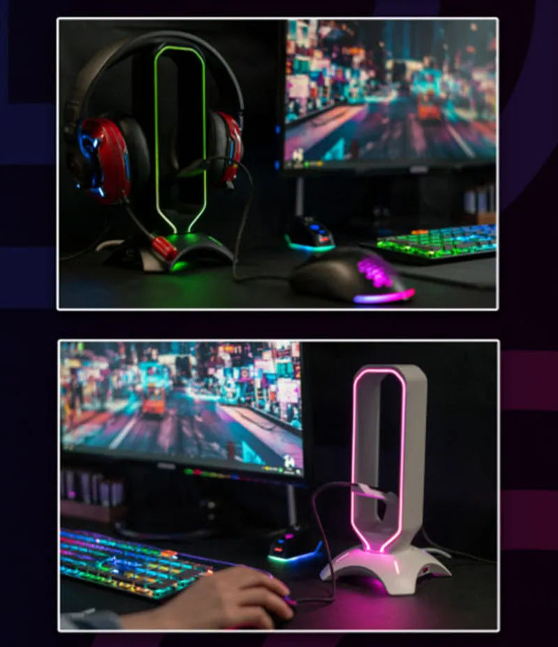 RGB gaming headphone stand in black with headset, measures 252.5x128.5x128.5mm