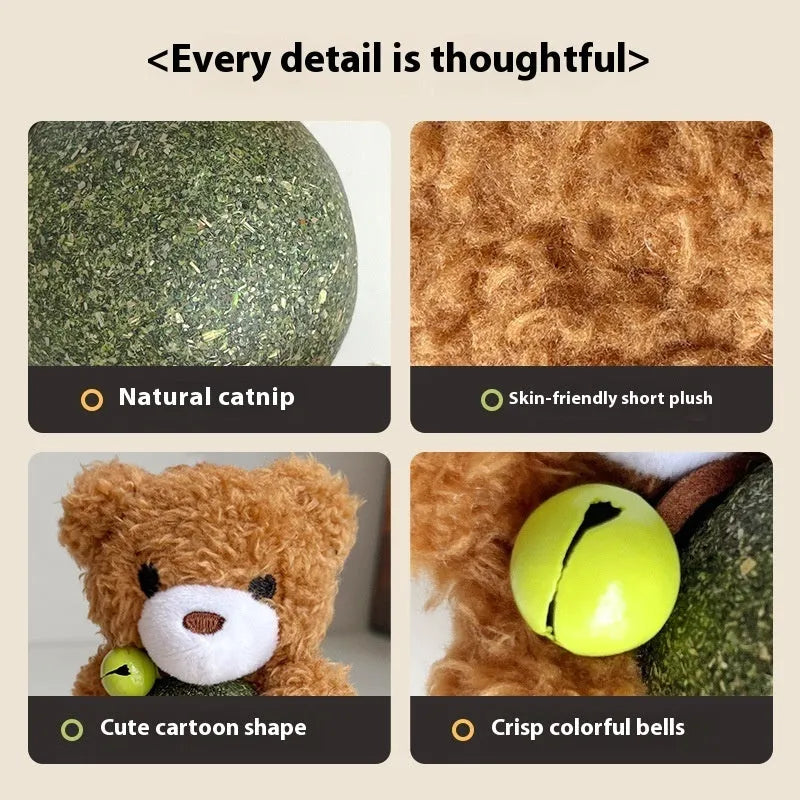 Brown Bear plush cat toy with a green mint ball and a small silver bell attached, shown next to a tape measure indicating 15cm height.