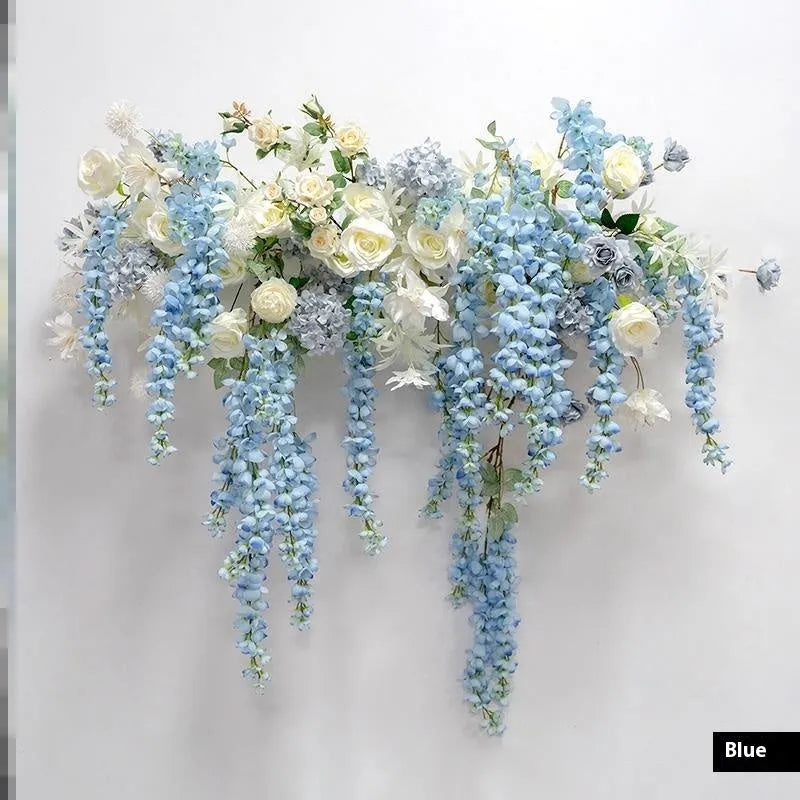 Fake flower row wall hanging decoration with flocking craft, available in white, orange, blue, pink, or purple