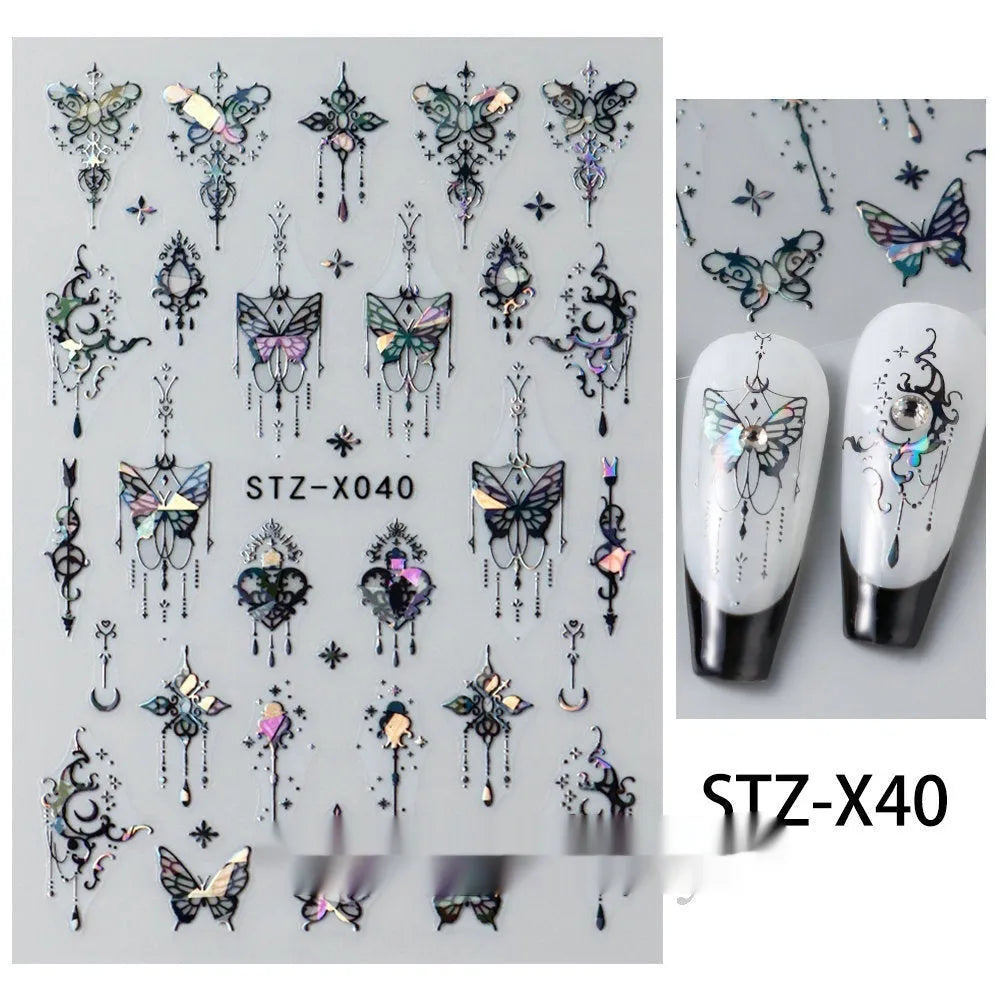 Black and silver striped cartoon pattern nail stickers with plastic application tool
