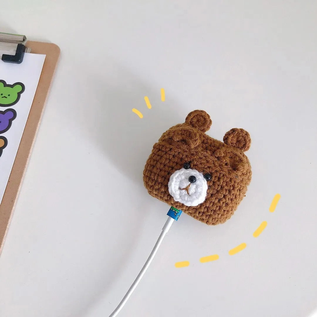 Plush brown bear flip-style Bluetooth headset case for AirPods 1 2 3 and Pro soft knit material