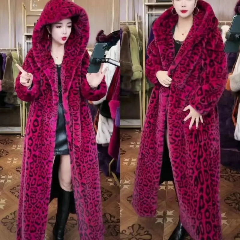 Long brown leopard print faux fur coat on a model, showing loose plus-size fit and regular sleeves.