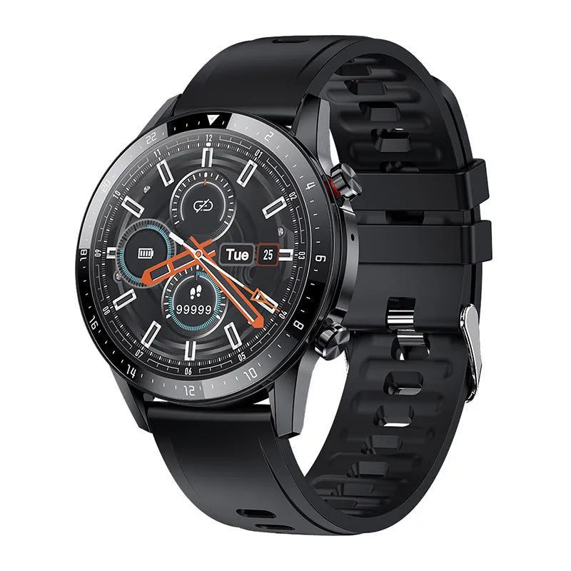 Bluetooth smart watch with a 1.3-inch screen on a wrist, showing call and music player functions.