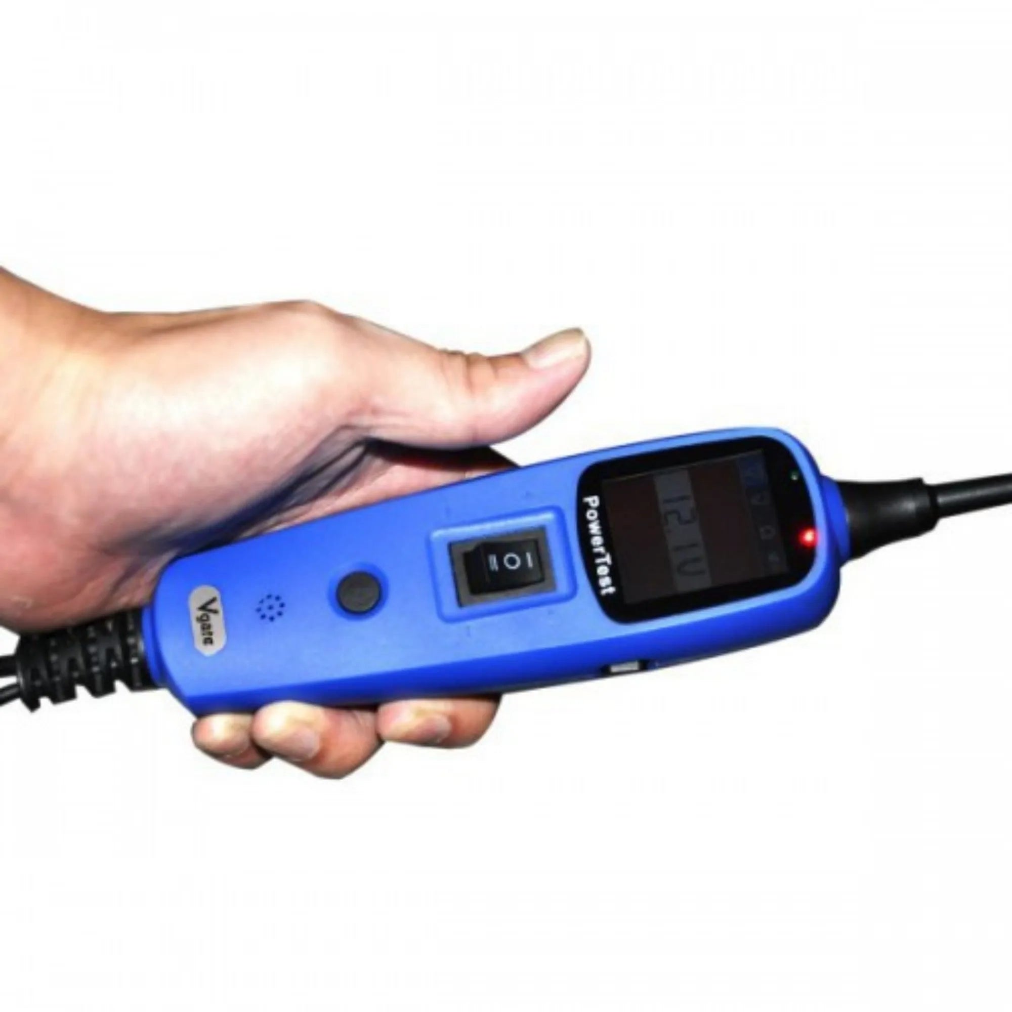 Blue automotive power circuit test pen with TFT colour display and complete diagnostic accessories