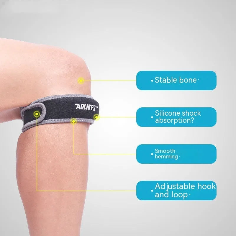 Black and grey patella retinaculum knee pad for sports protection.