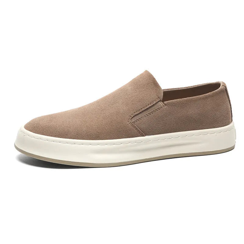 Gray men's casual slip-on shoes with round toe and mid heel on a white background