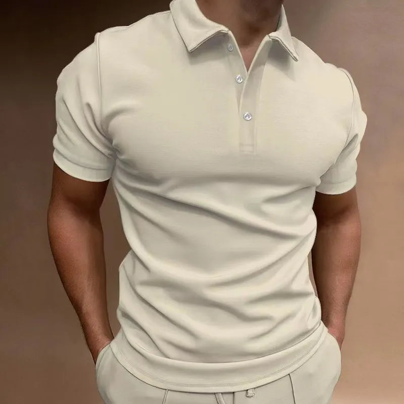 Men's button-up t-shirt in cotton blend fabric, loose fit, short sleeve, shown in multiple colour options